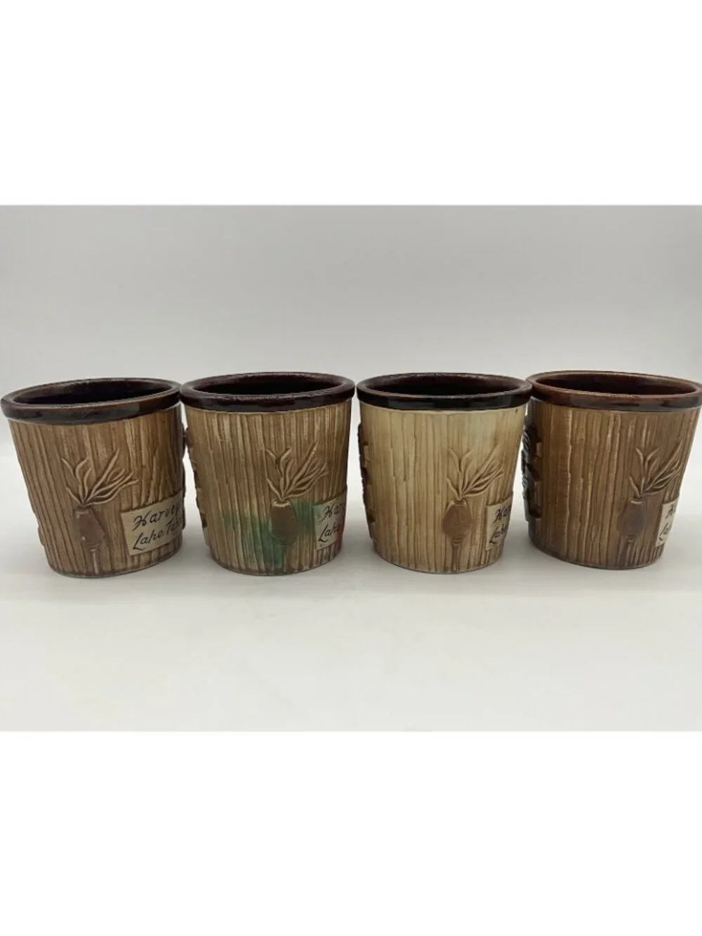 Harveys Lake Tahoe Vintage Tiki Mug Otagiri Brown Bucket Style Set of 4 Barware